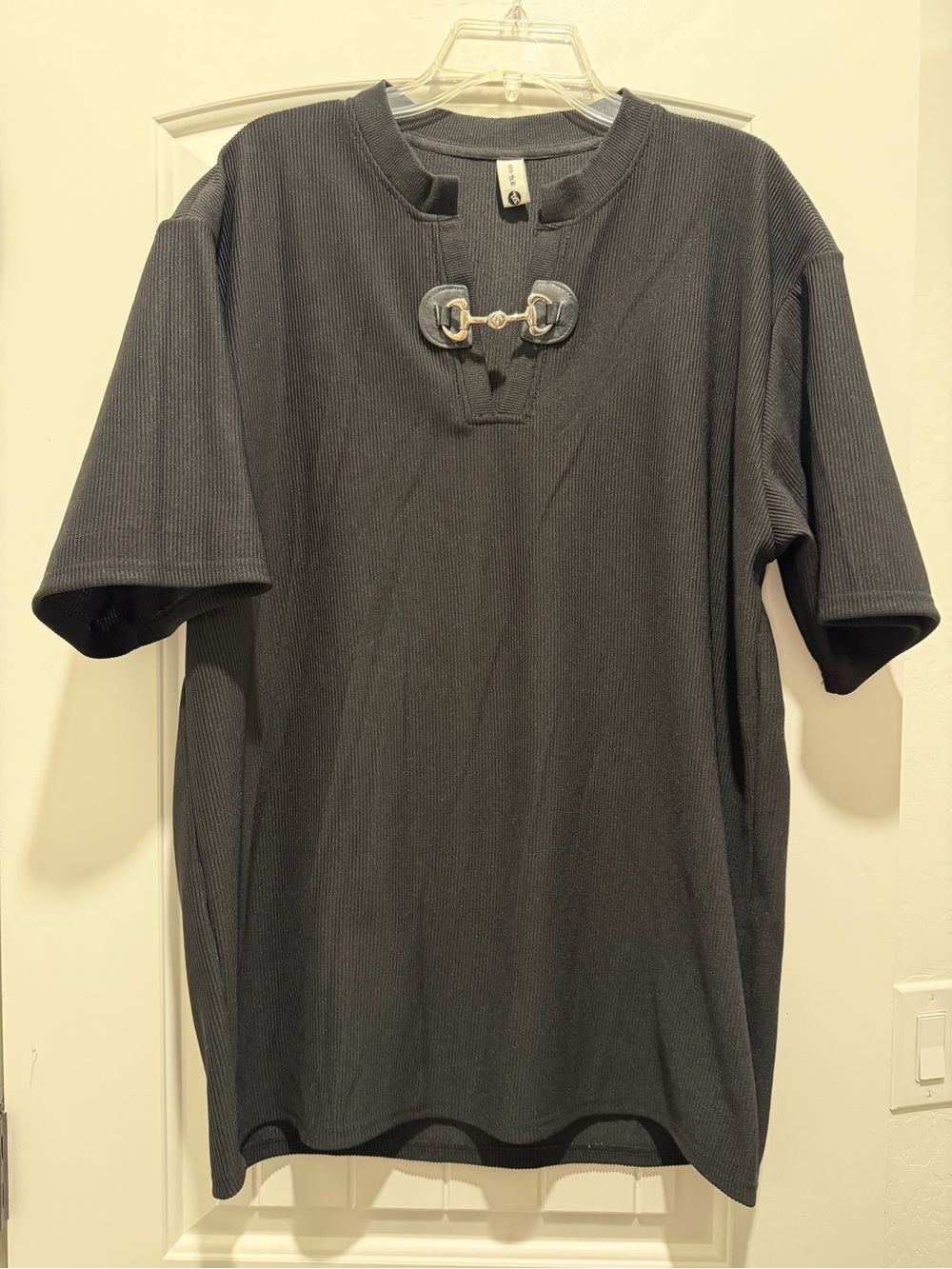 Men's 3XL Black Ribbed Short Sleeve Top - Silver Horsebit Hardware Detail